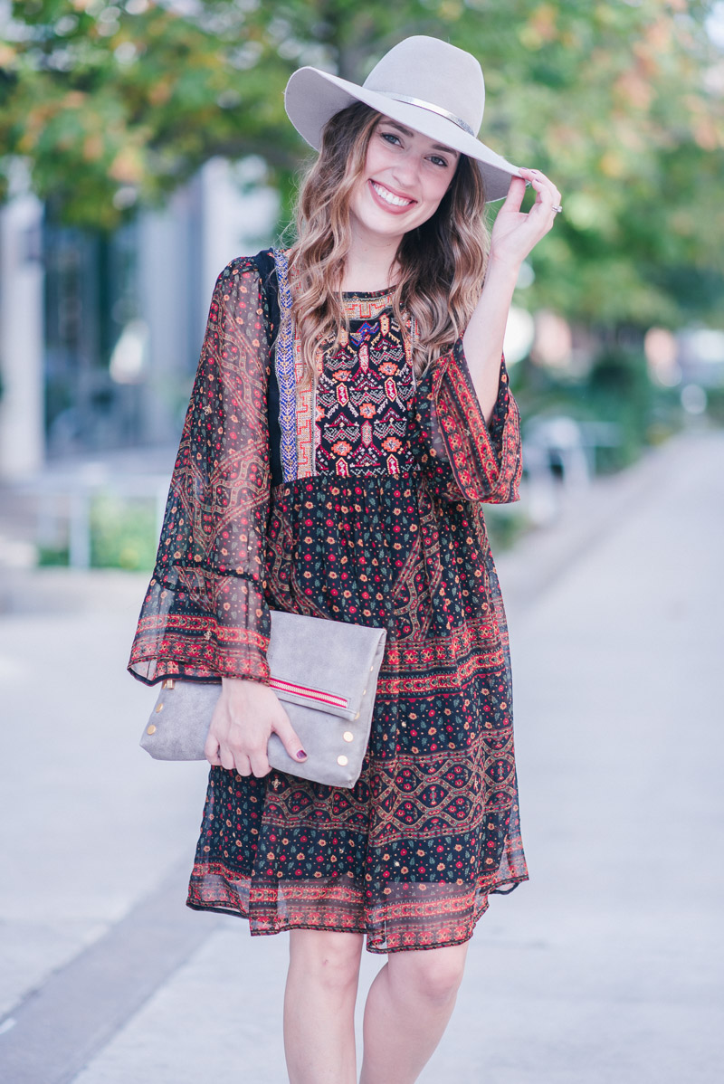 Anthropologie Fall Dress - Monroe Embroidered Tunic Dress with a Hammitt clutch and gray Hat Attack hat.