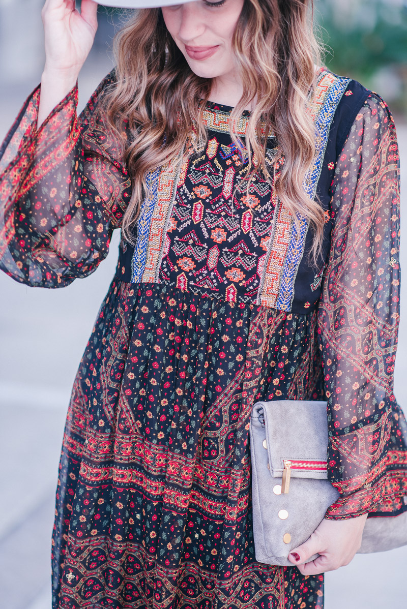 Anthropologie Fall Dress - Monroe Embroidered Tunic Dress with a Hammitt clutch and gray Hat Attack hat.