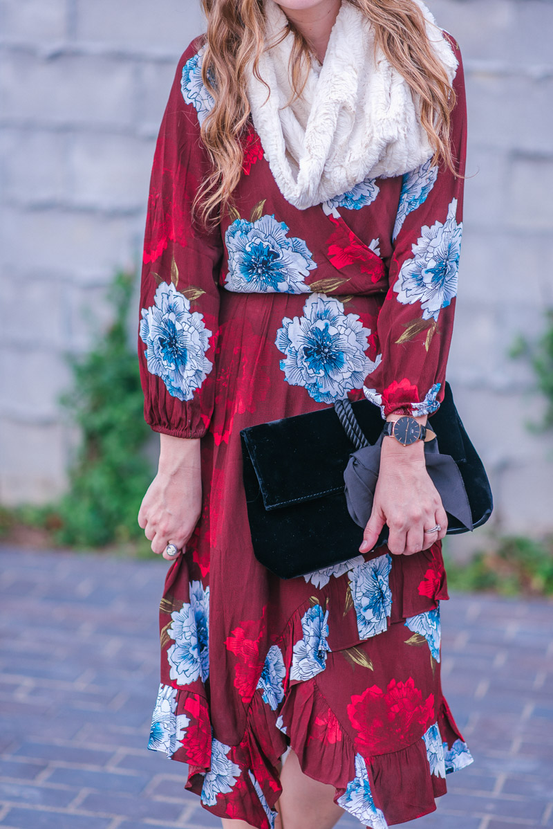 Tracy Reese Aleah Dress in Maroon Floral with a velvet bow clutch 