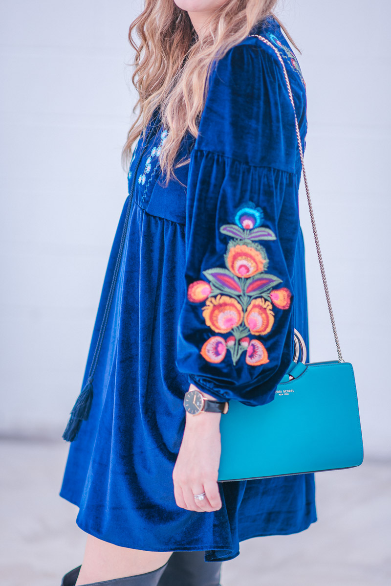 Navy Velvet Embroidered Dress with a Turquoise Henri Bendel Marquis Mini Satchel