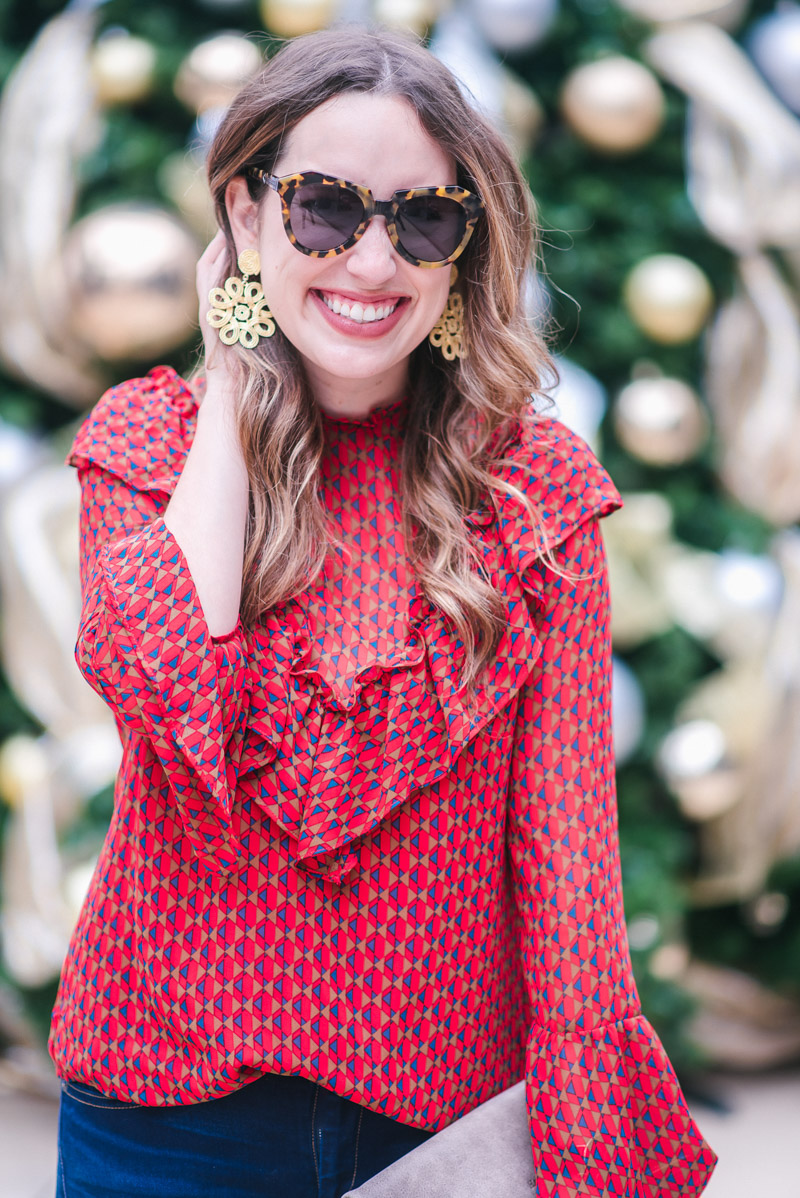 Holiday Outfit Ideas - WAYF Bell Sleeve Ruffle Top, Gold Lisi Lerch Statement Earrings