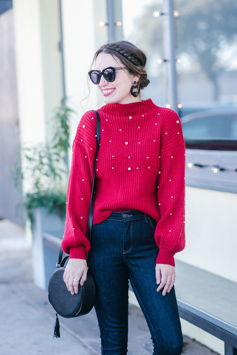 Casual Holiday Outfit Ideas: Red Pearl Bishop Sleeve Sweater, Mott & Bow Jeans, BC Footwear Booties & a crownbraid updo.