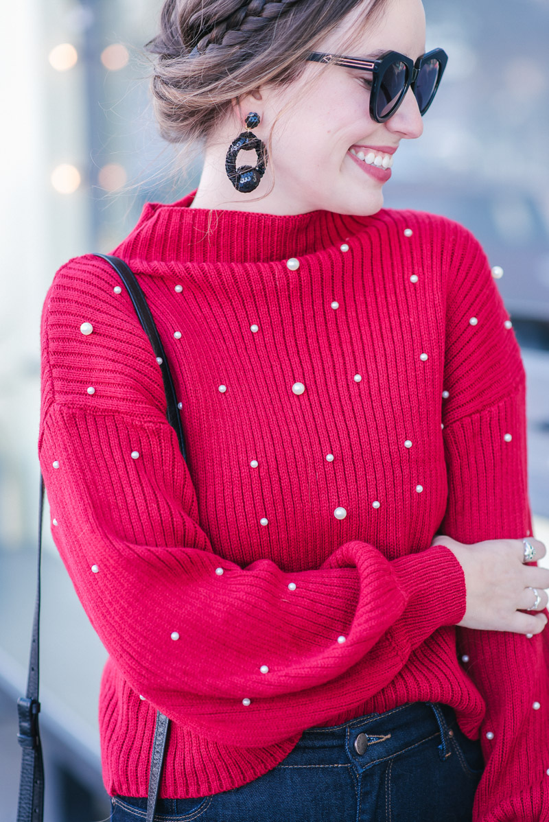 Casual Holiday Outfit Ideas: Red Pearl Bishop Sleeve Sweater, Mott & Bow Jeans, BC Footwear Booties & a crownbraid updo.