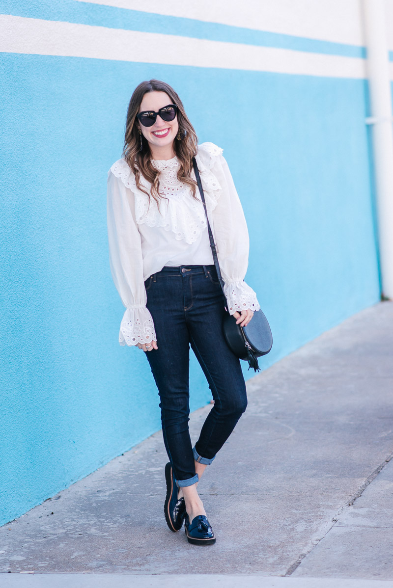 Sharing a dressy/casual look with a Shein White Ruffled Blouse, Dark Denim Jeans & Navy Naturalizer Loafers.