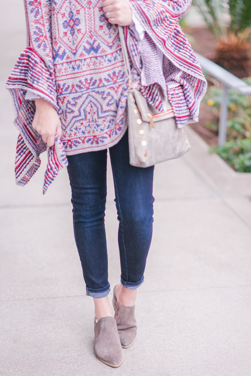 Houston fashion blogger Alice Kerley styles Secyhelles booties with a hammitt VIP clutch and an Anthropologie poncho. 