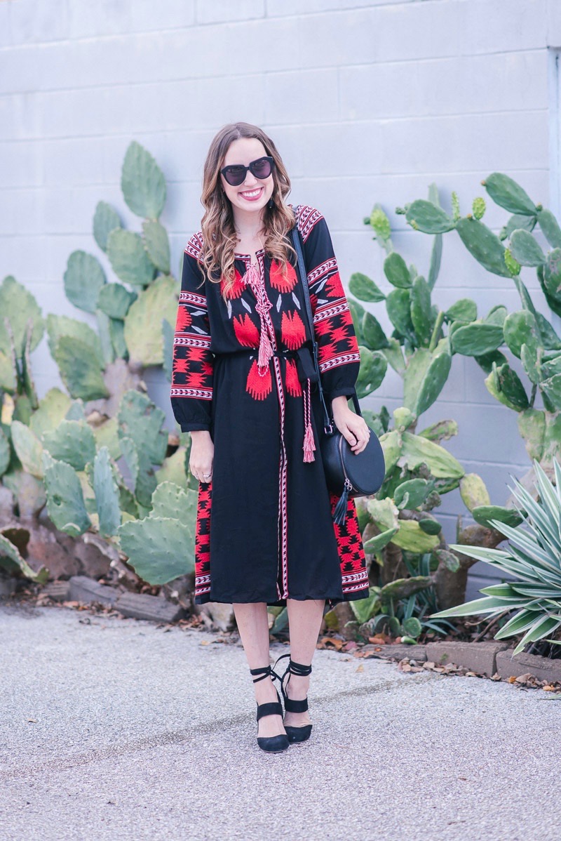 Red and black boho embroidered midi dress