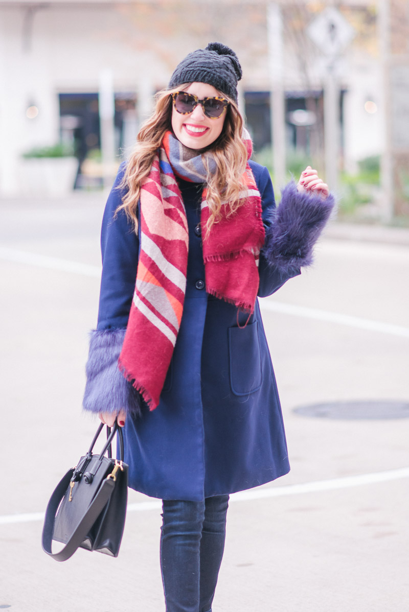 Winter Outfit Ideas: Cute Navy Fur Coat Styled for a Chilly Day