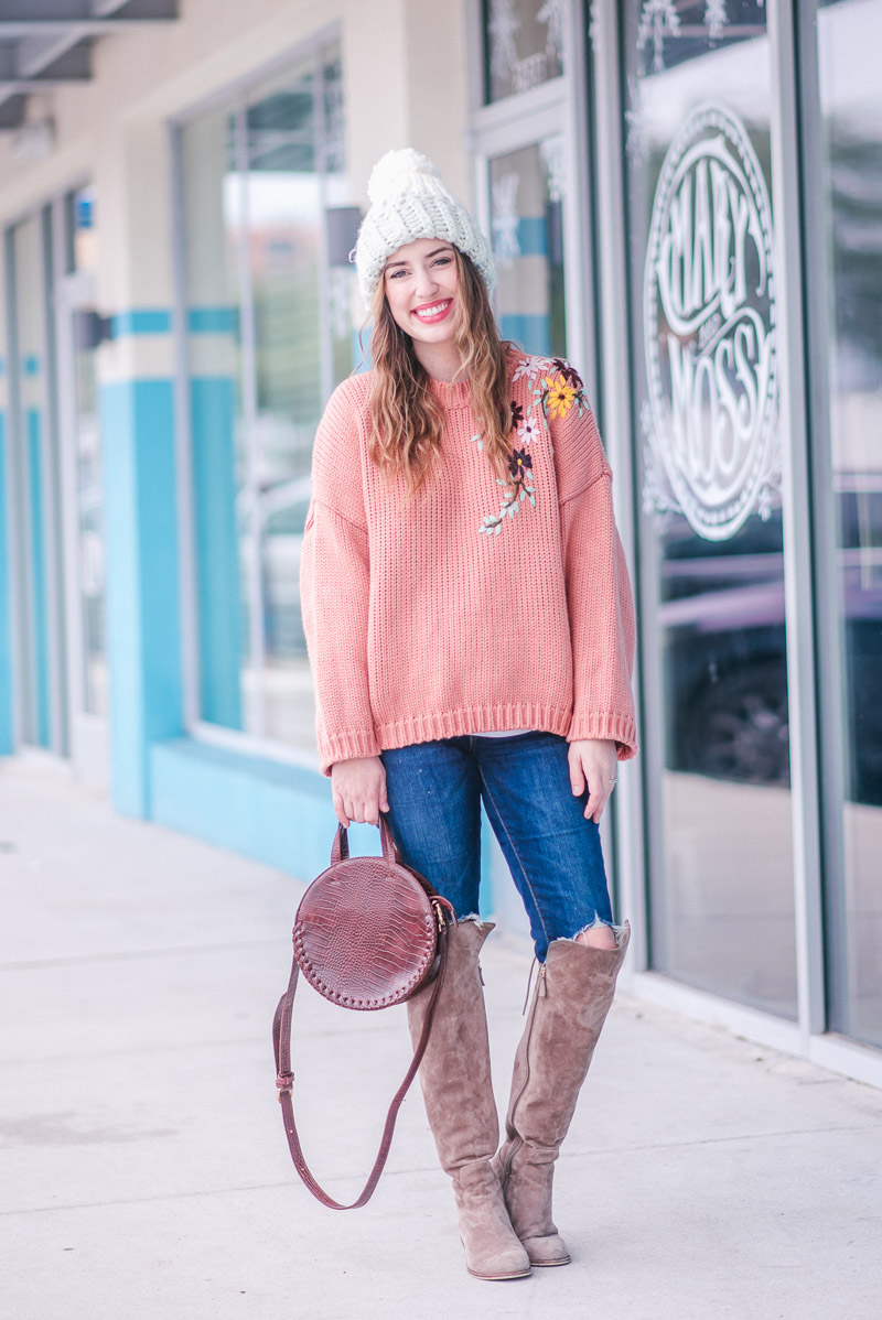 Winter Outfit Ideas - Peach Embroidered Chicwish Sweater and Over the Knee Boots