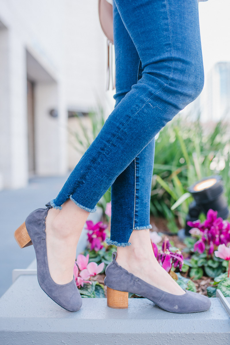 Kut from the Kloth raw edge skinny jeans with Kelsi Dagger Brooklyn gray heels. 