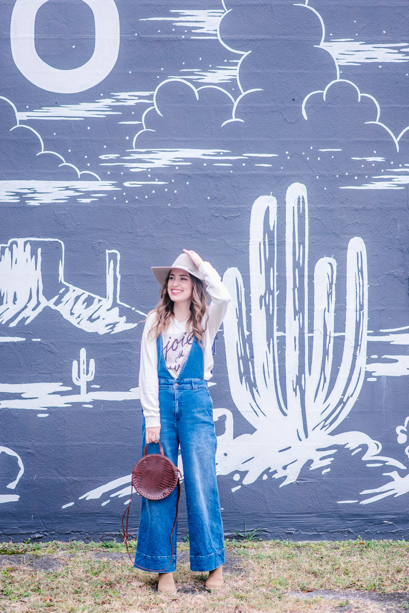 Western Boho Outfit in Free People Overalls, Anthropologie Sweatshirt and Hat Attack Hat.