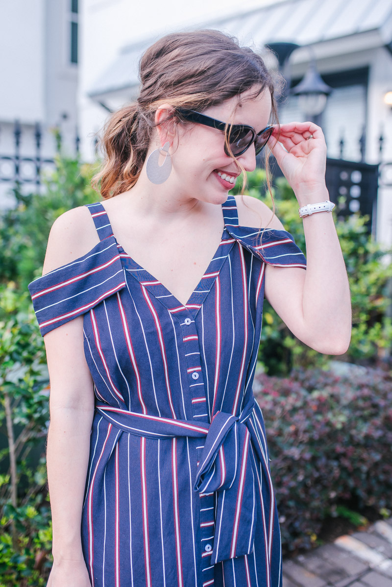 Navy and red striped off the shoulder sundress paired with Kendra Scott silver earrings.