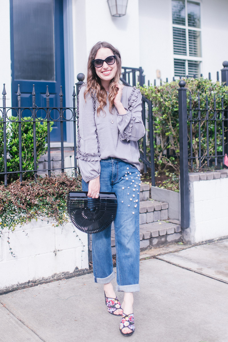 Texas fashion blogger styles pearl embellished jeans, a silk tpo and embroidered heels with Ann Taylor.