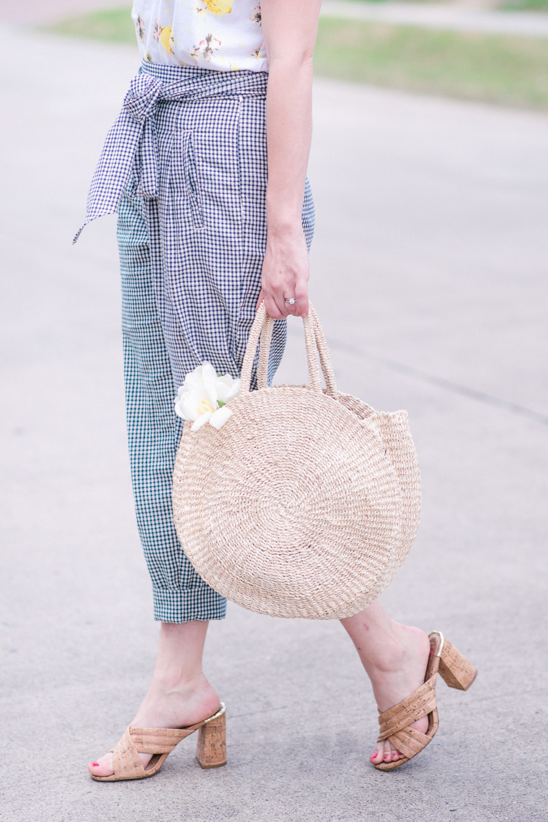 Houston fashion blogger styles Anthropologie gingham trousers with a lemon printed tee.