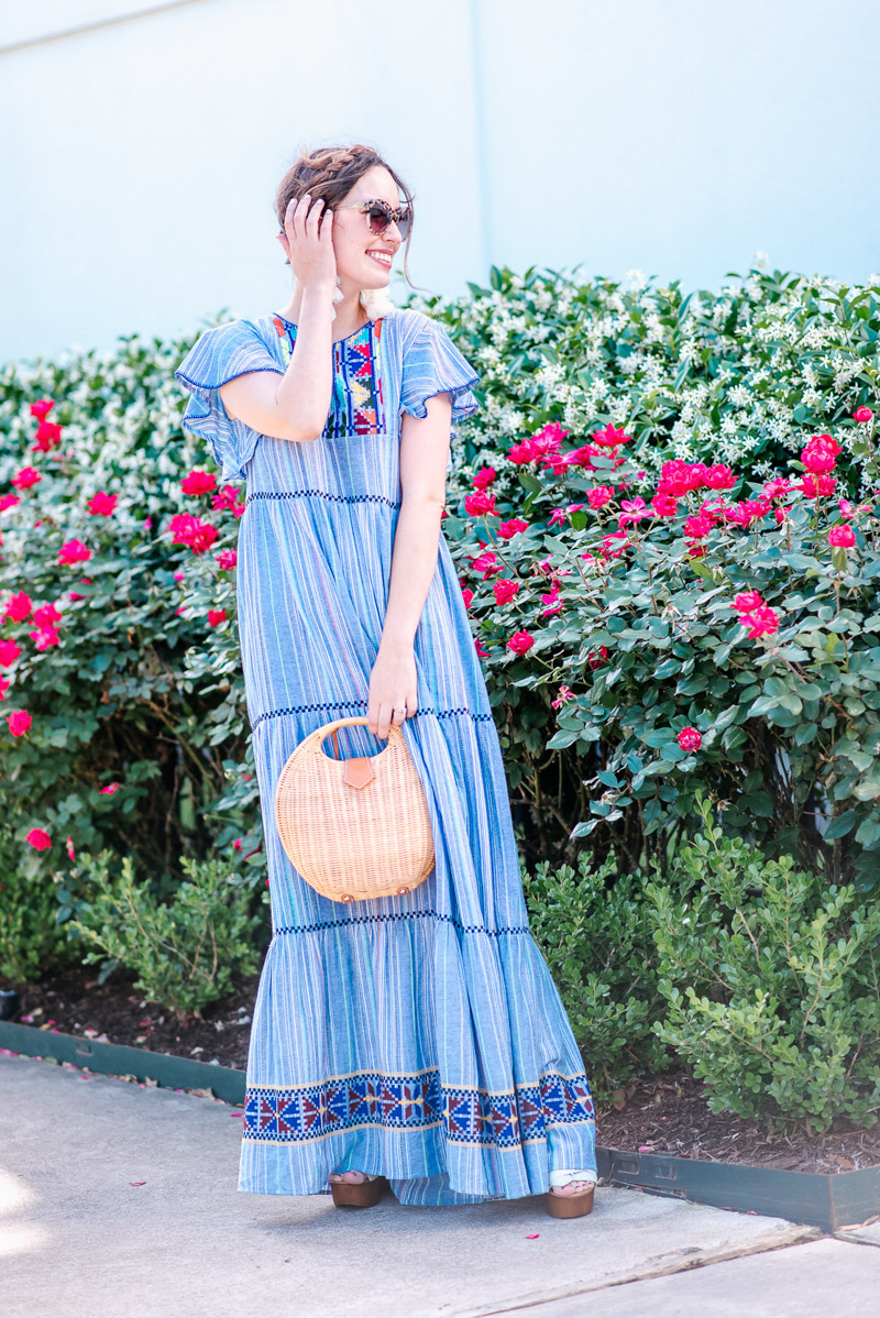Houston fashion blogger styles an Anthropologie LAIA Ada Embroidered Maxi Dress. 