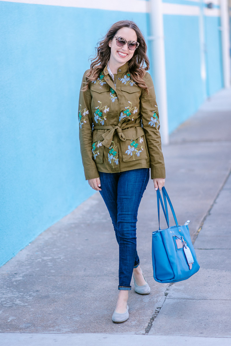 Spring Layered Outfits - Ann Taylor Embroidered Anorak Jacket and Henri Bendel Blue Influencer Tote