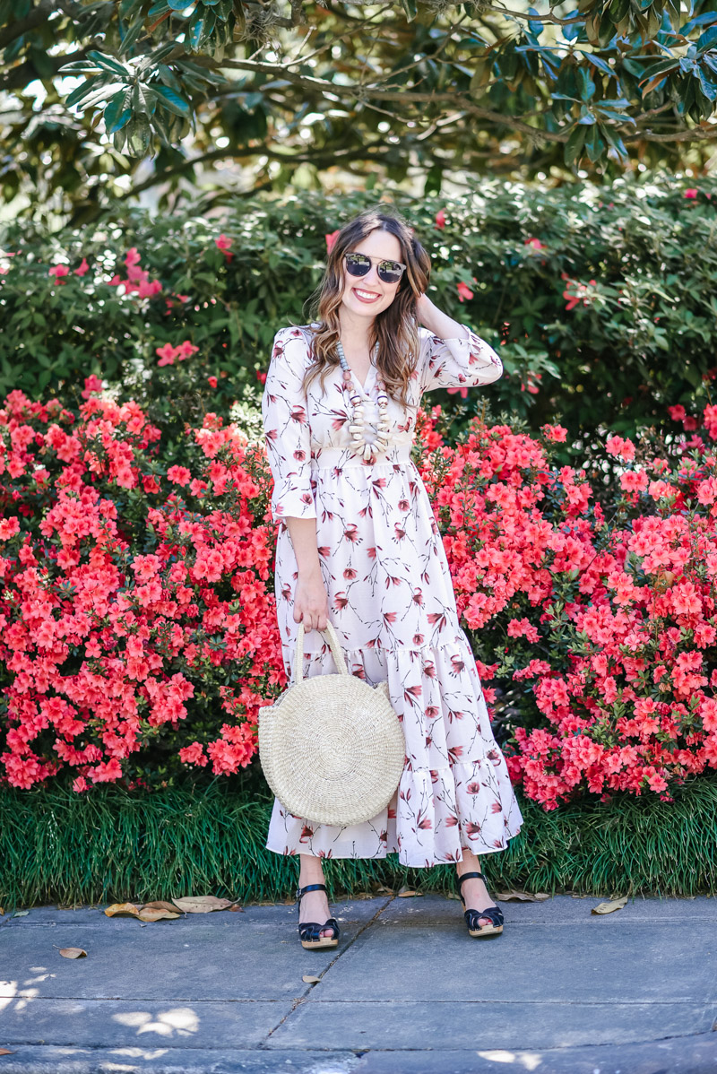 Houston blogger styles a floral wrapped chiffon maxi dress from Chicwish. 