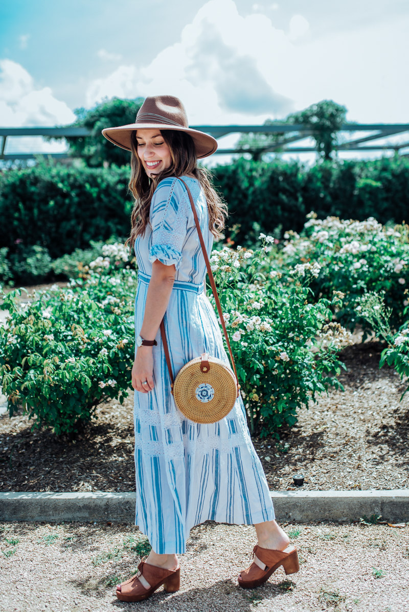 Houston blogger styles blue loveshackfancy striped dress for spring with Marion bow sandals from Kelsi Dagger Brooklyn.