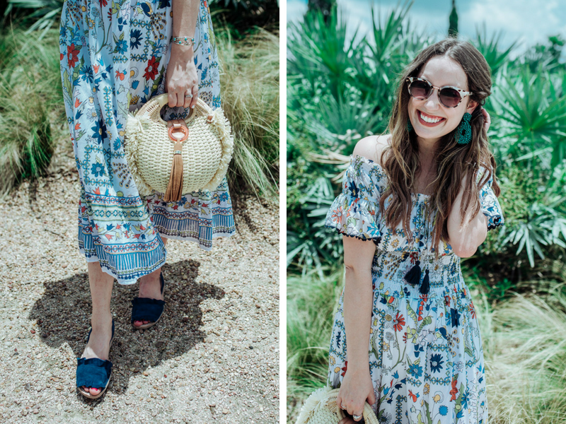 Texas fashion blogger styles the Tory Burch Meadow Folly Off the Shoulder dress for summer.
