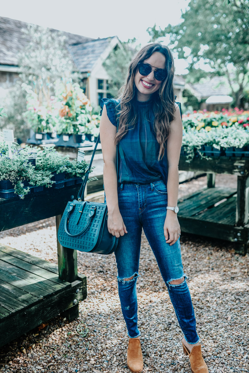 Fall Outfit Ideas: Houston blogger styles anthropologie plaid ruffle top with fossil ryder satchel.