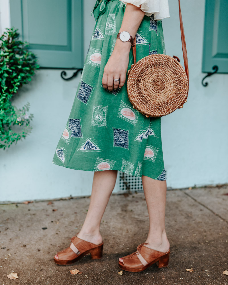 Texas blogger styles Anthropologie Getaway Green Stamp Print Midi Skirt in Charleston