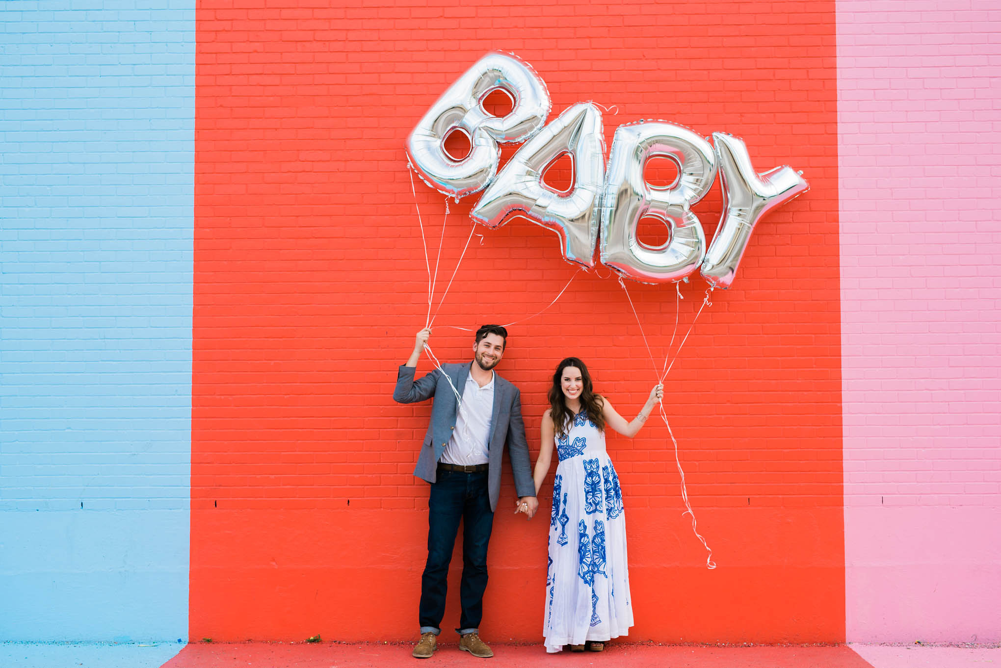baby reveal balloons, blue and white anthropologie maxi dress, silver baby balloons, sugar and cloth color wall, baby reveal ideas, lone star looking glass, houston fashion blogger | Pregnancy Announcement featured by top Houston life and style blog, Lone Star Looking Glass