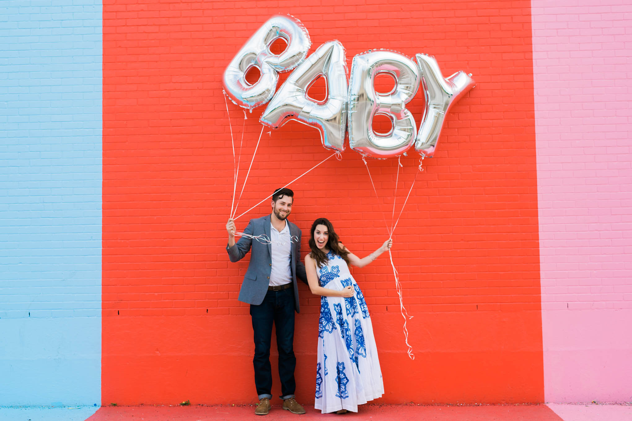 baby reveal balloons, silver baby balloons, sugar and cloth color wall, baby reveal ideas,  | Pregnancy Announcement featured by top Houston life and style blog, Lone Star Looking Glass