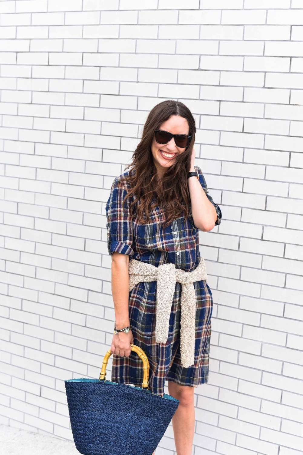 jmclaughlin plaid dress, fall transitional outfits, what to wear between summer and fall, navy bamboo tote bag, jmclaughlin fall 2016