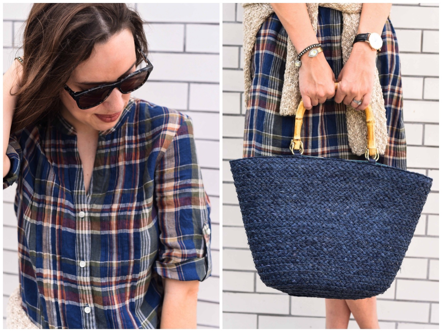 jmclaughlin plaid dress, fall transitional outfits, what to wear between summer and fall, navy bamboo tote bag, jmclaughlin fall 2016
