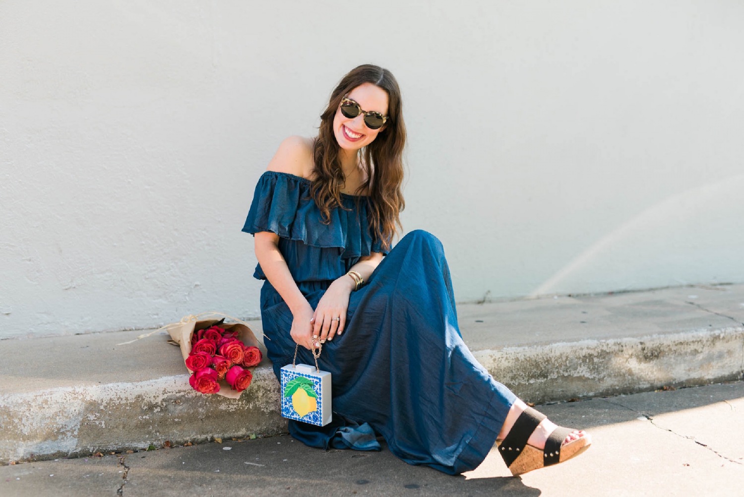 macy's navy blue off the shoulder maxi dress, inc concepts bohemian dresses, acrylic lemon clutch, lone star looking glass, houston blogger, houston fashion bloggers