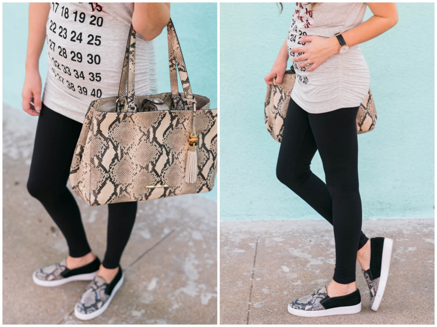 maternity weekly countdown tee, pregnancy countdown top, pea in the pod leggings, what to wear with maternity leggings, vionic snake sneakers, elaine turner snake printed tote purse