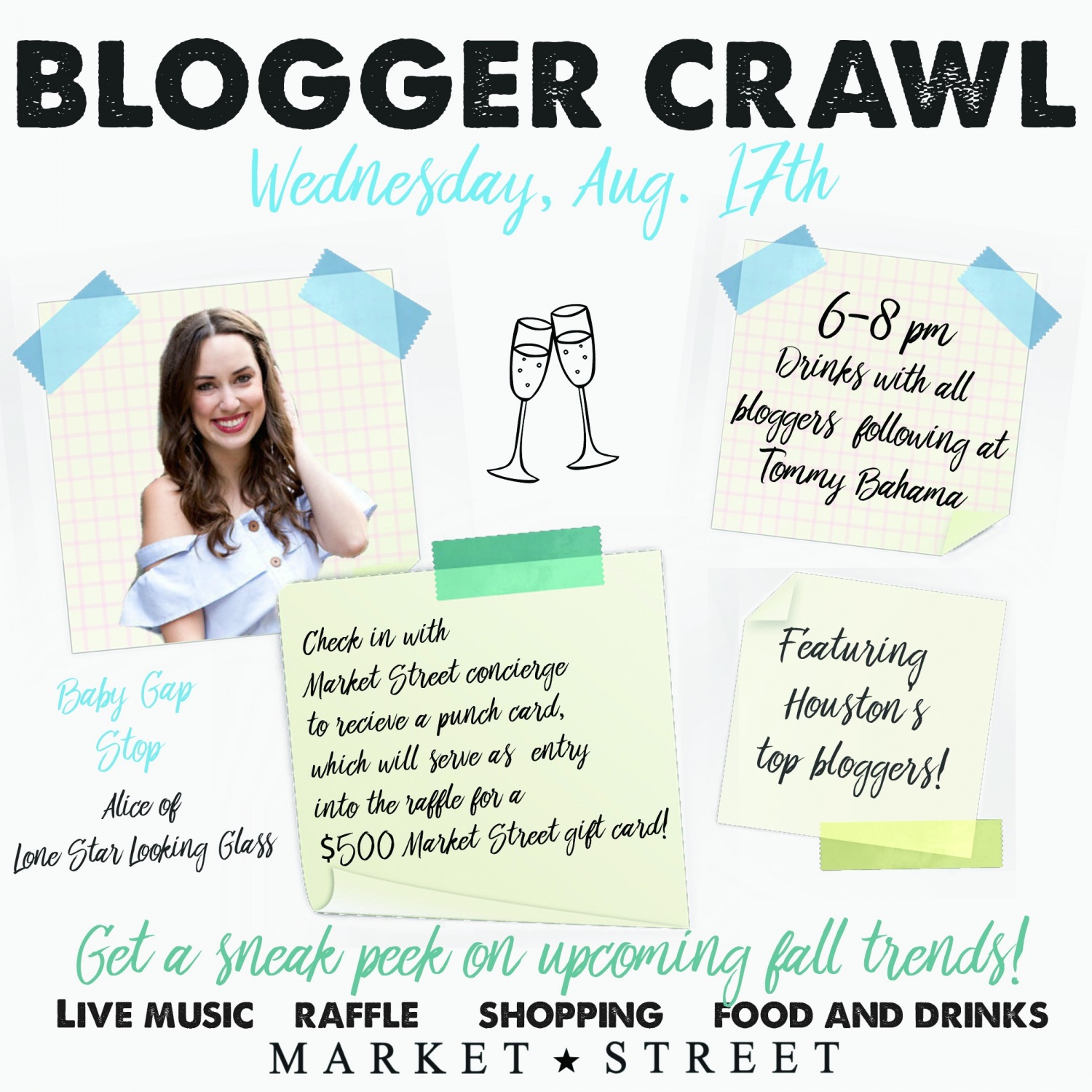 Market Street The Woodlands Blogger Crawl with Lone Star Looking Glass and Baby Gap.