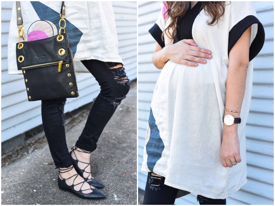Alice of Lone Star Looking Glass shares tips on how to wear your regular jeans when you're pregnant. |  | How to Wear Your Jeans While Pregnant featured by top US fashion blog, Lone Star Looking Glass: image of a pregnant woman wearing True Religion jeans