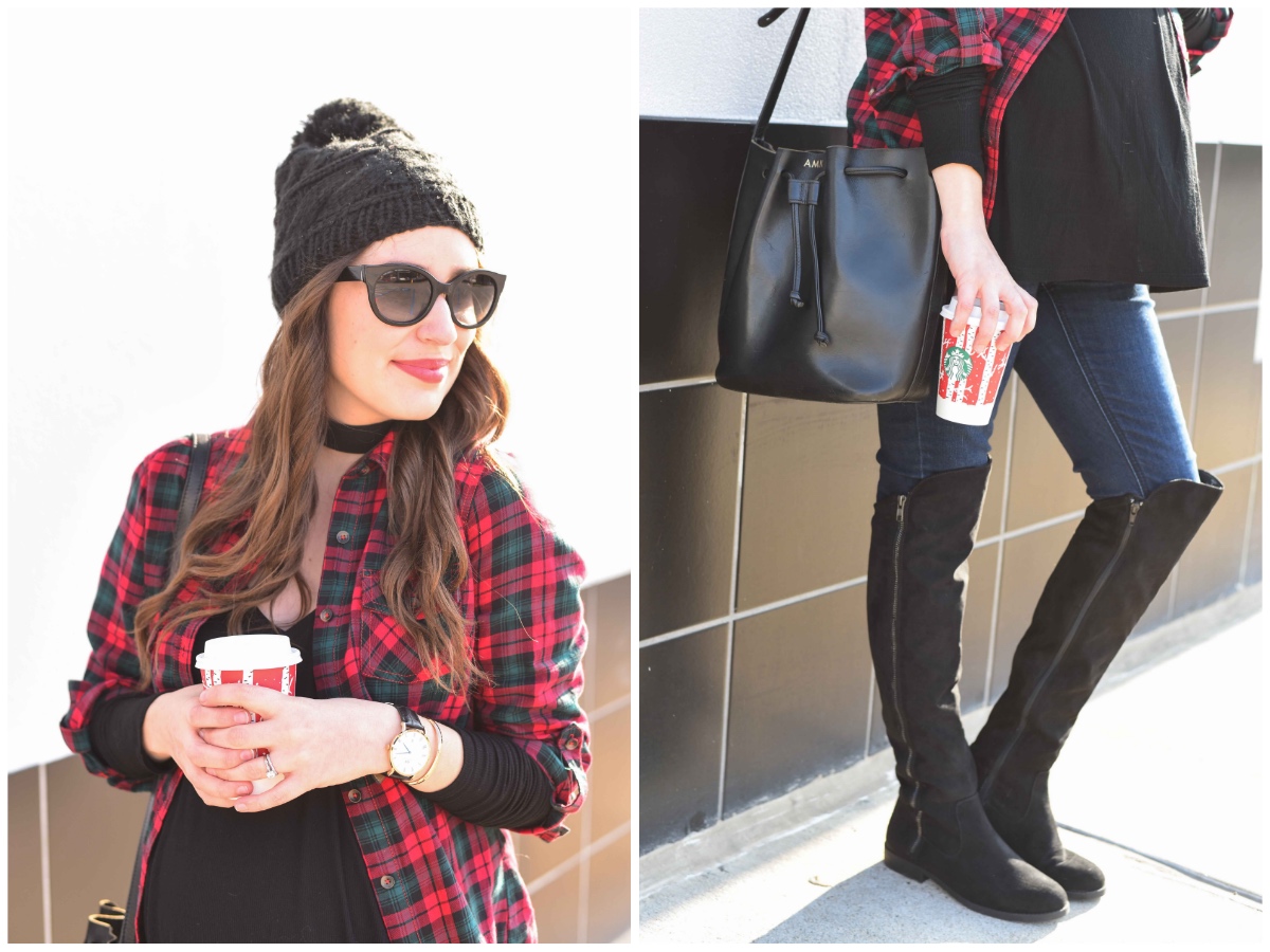 Texas fsahion blogger shares maternity outfit inspiration with a red plaid top, black tee, macys over the knee boots and a beanie. - Holiday Shopping at River Oaks Shopping Center featured by top Houston lifestyle blog, Lone Star Looking Glass