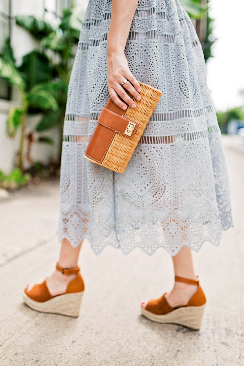 Houston fashion blogger styles a wicker clutch with Steve Madden wedges.  | 11 Fun Things About Me featured by top Houston life and style blog, Lone Star Looking Glass.