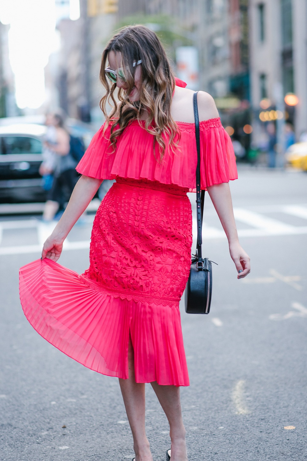 Alice Temperley Coral Berry Lace Cocktail Dress styled on the streets of New York for NYFW.