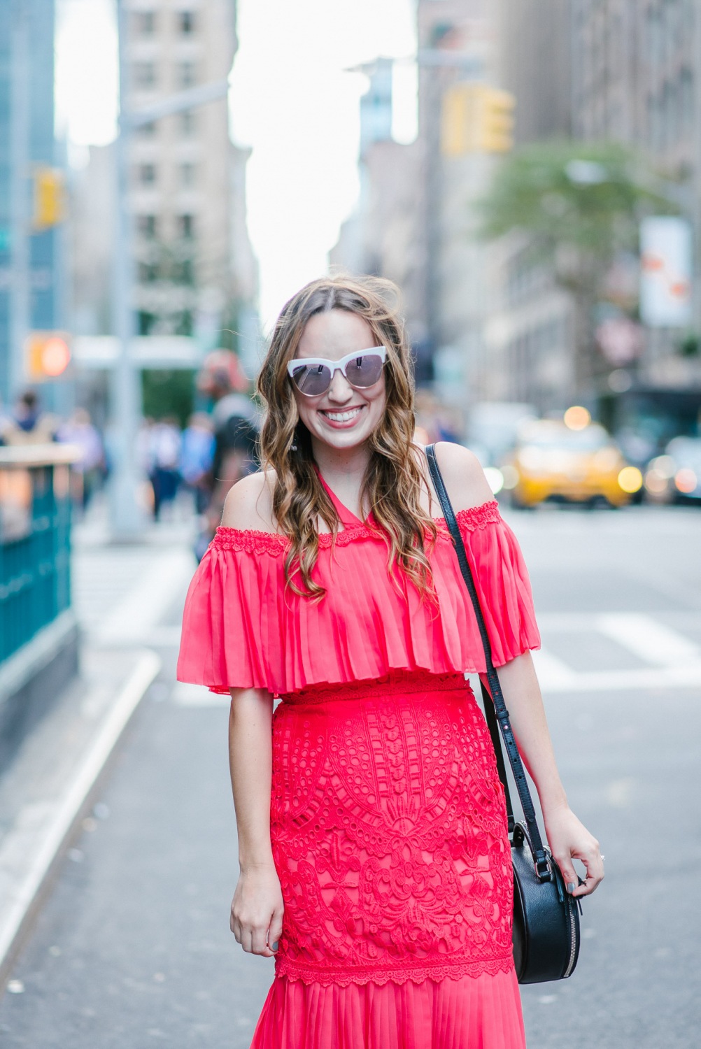 Alice Temperley Coral Berry Lace Cocktail Dress styled on the streets of New York for NYFW.