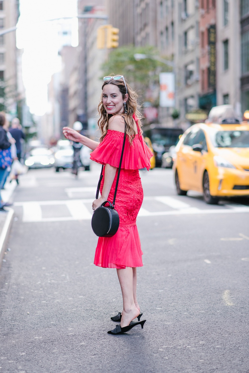 Alice Temperley Coral Berry Lace Cocktail Dress styled on the streets of New York for NYFW.