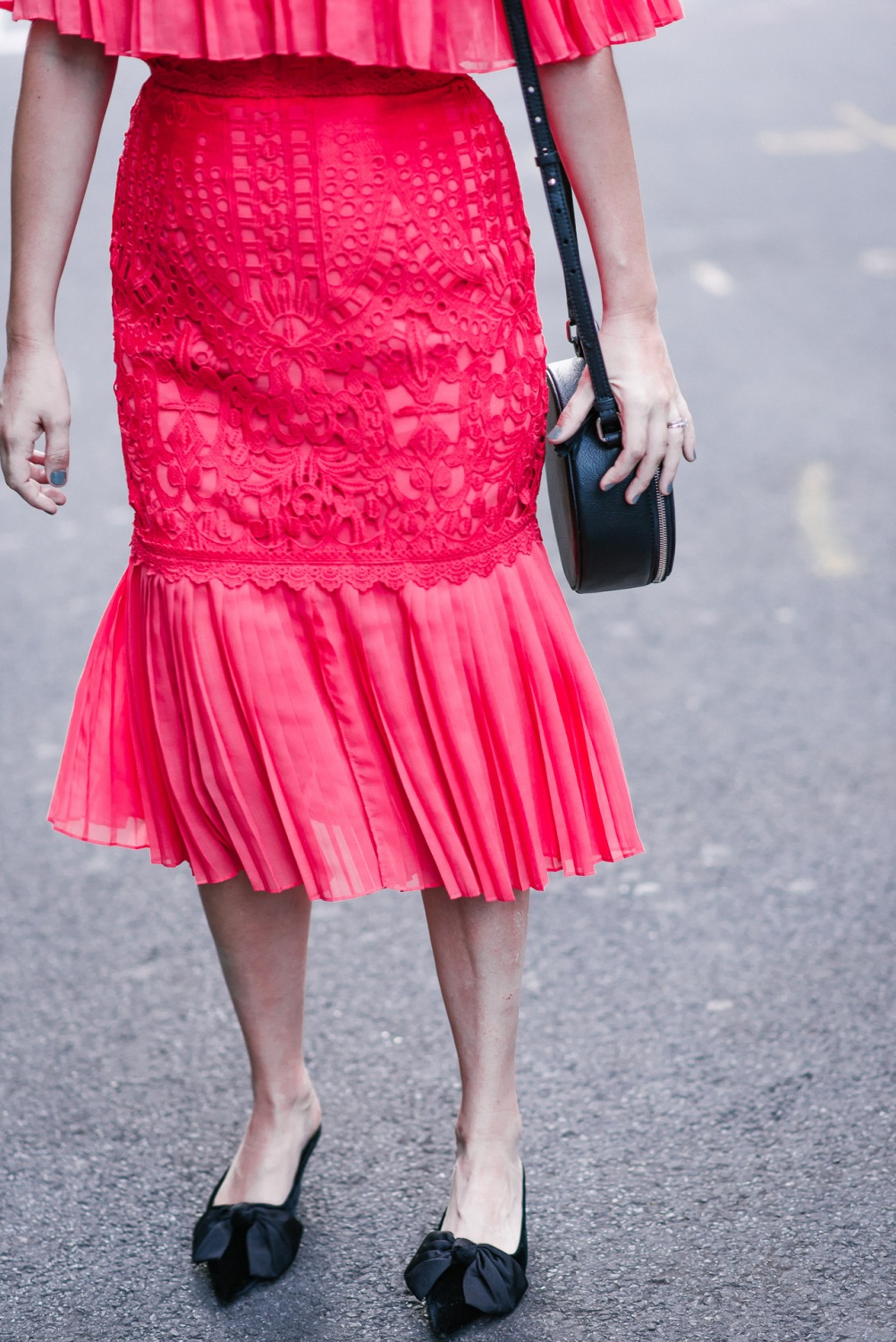 Alice Temperley Coral Berry Lace Cocktail Dress styled on the streets of New York for NYFW.