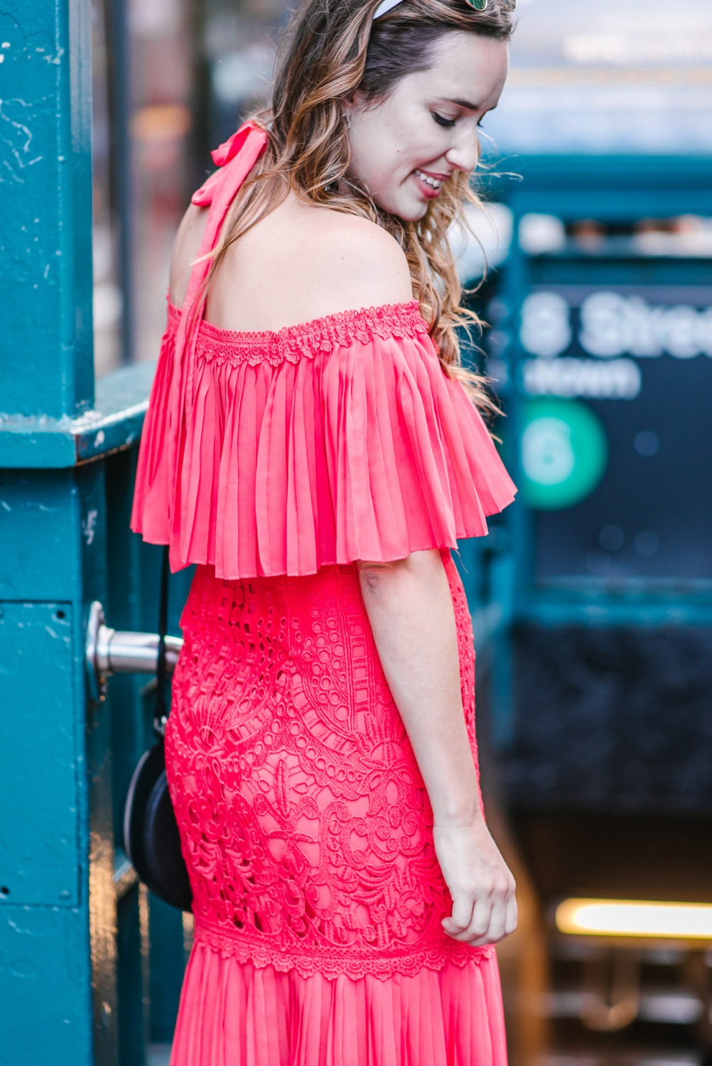 Alice Temperley Coral Berry Lace Cocktail Dress styled on the streets of New York for NYFW.