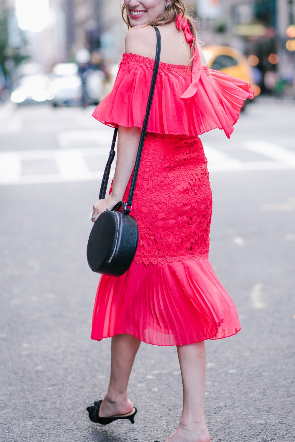 Alice Temperley Coral Berry Lace Cocktail Dress styled on the streets of New York for NYFW.