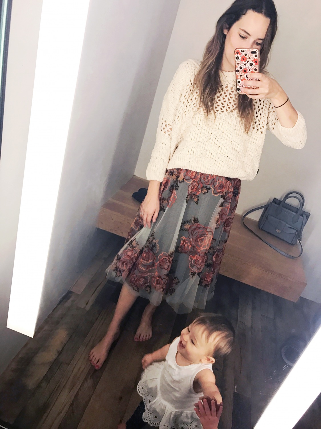 Anthropologie rosie embroidered tulle skirt in orange and grey