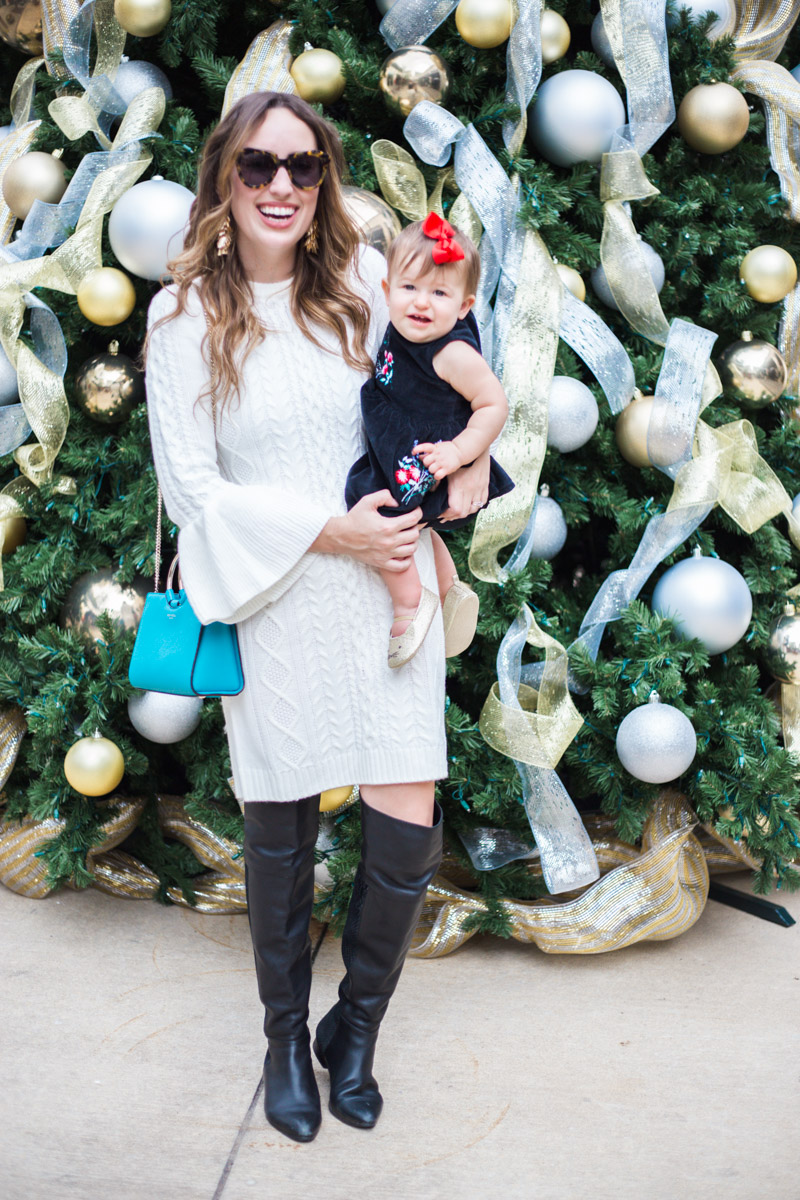 Mother Daughter Holiday Dresses - Eliza J White Sweater Dress with a black Carter's embroidered floral dress. - New Family Holiday Traditions with Our Newest Addition featured by top Houston lifestyle blog, Lone Star Looking glass