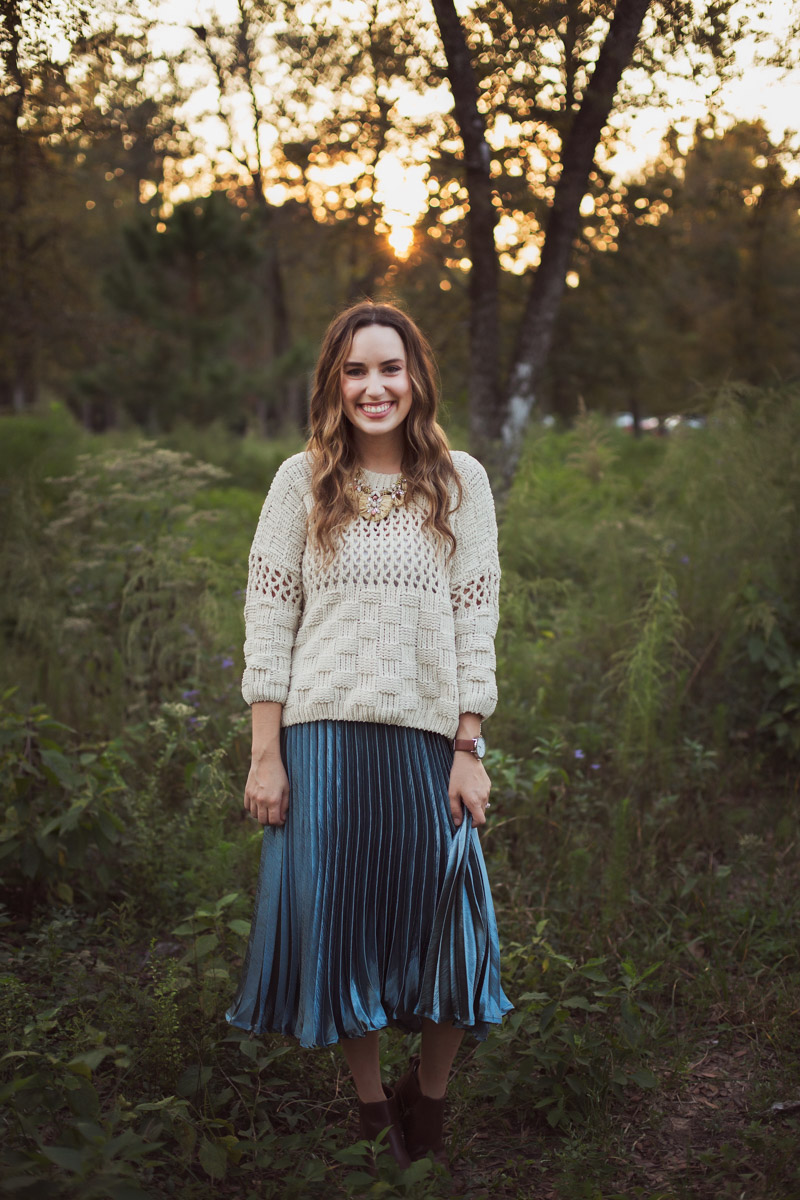 Anthropologie blue shiny pleated midi skirt with chenille sweater. | Minted | Our Holiday Family Pictures + Christmas Cards featured by top Houston lifestyle blog Lone Star Looking Glass