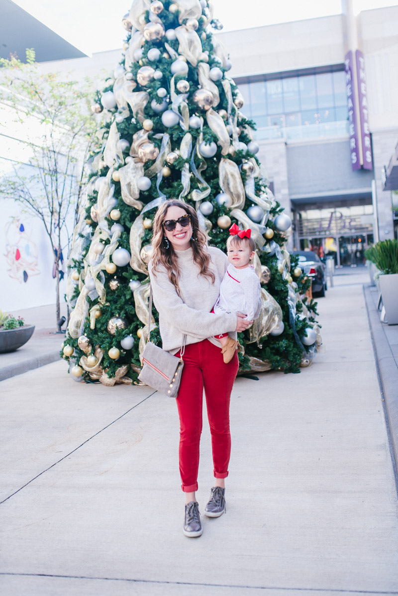 Anthropologie Corduroy Skinnies, Hammit VIP Crossboyd, Little Me Christmas Outfit, Leith Gray Sweater - What Joy is to Me & a Casual Holiday Outfit with Rockford featured by top Houston fashion blog, Lone Star Looking Glass