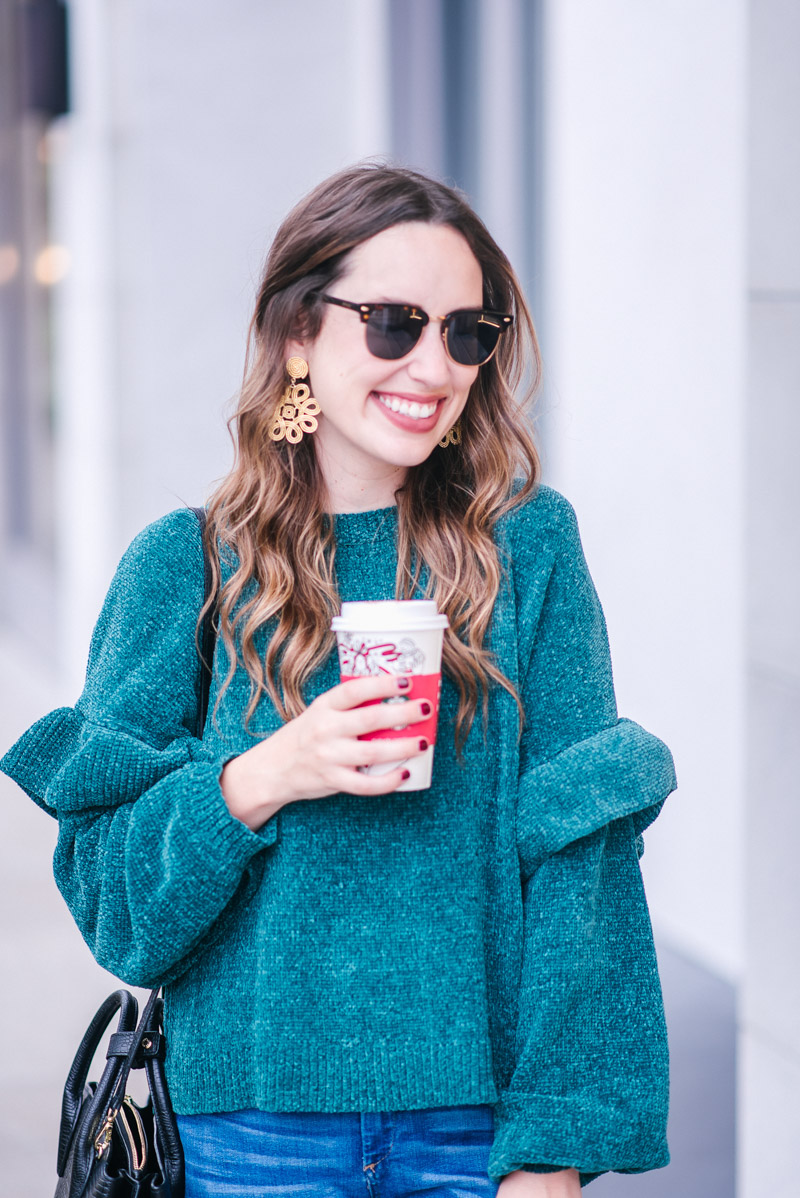 BP Teal Ruffle Sleeve Chenille Sweater with Lisi Lerch Cameron Earrings - Unique Gifts for Women + A Cozy Chenille Sweater featured by top Houston fashion blog, Lone Star Looking Glass
