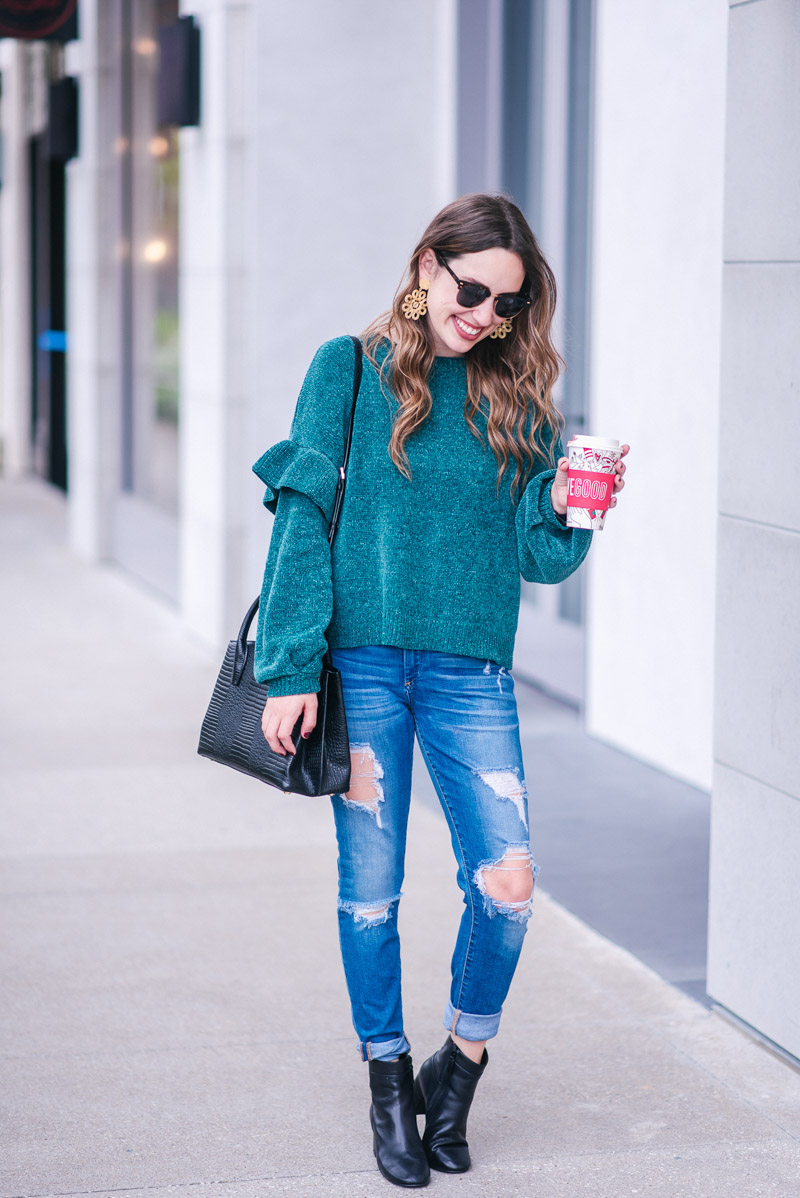 BP Teal Chenille Ruffle Sleeve Nordstrom Sweater with Distressed True Religion Jeans and a black Henri Bendel Satchal - Fall Outfit Ideas - Unique Gifts for Women + A Cozy Chenille Sweater featured by top Houston fashion blog, Lone Star Looking Glass