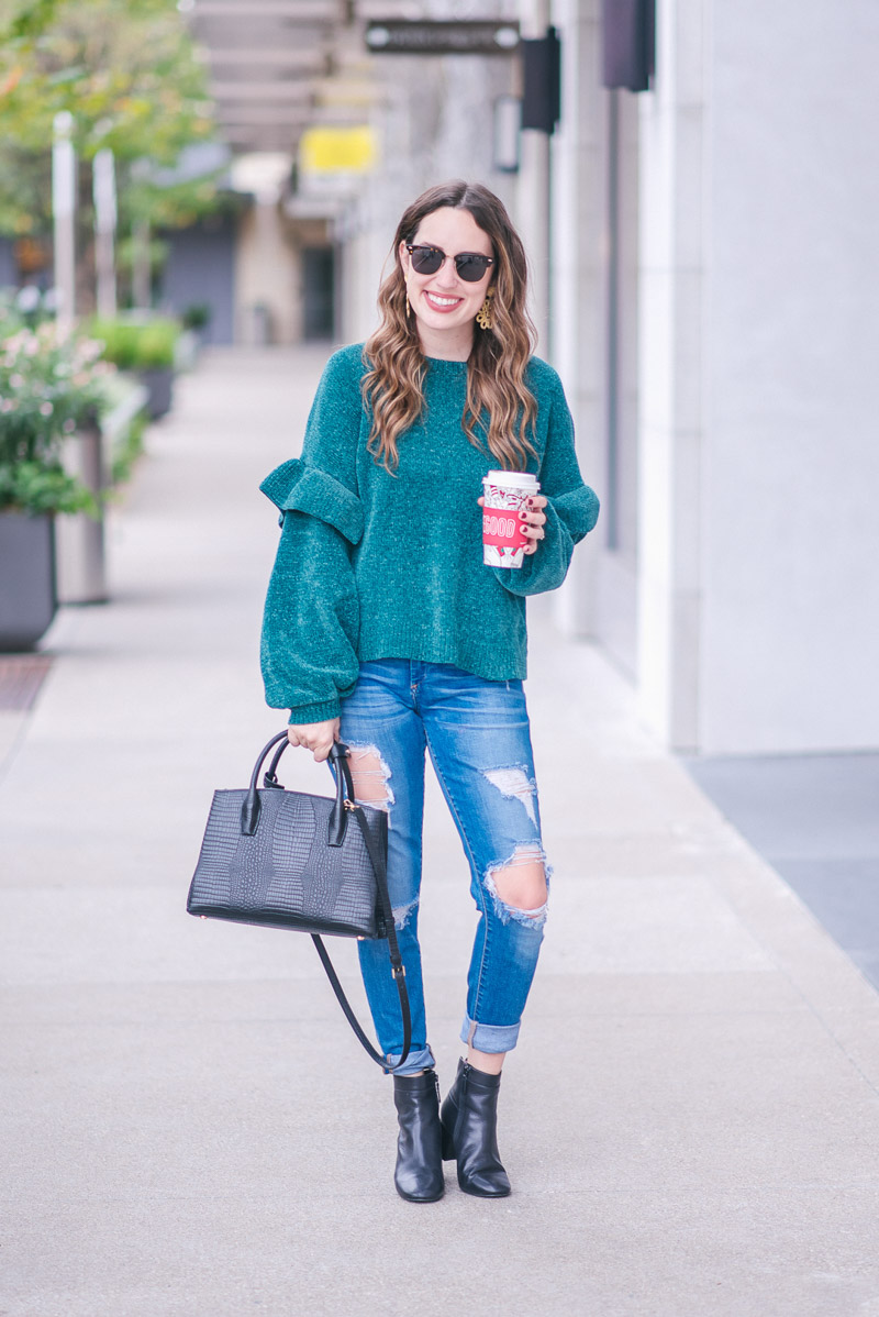 BP Teal Chenille Ruffle Sleeve Nordstrom Sweater with Distressed True Religion Jeans and a black Henri Bendel Satchal - Fall Outfit Ideas - Unique Gifts for Women + A Cozy Chenille Sweater featured by top Houston fashion blog, Lone Star Looking Glass