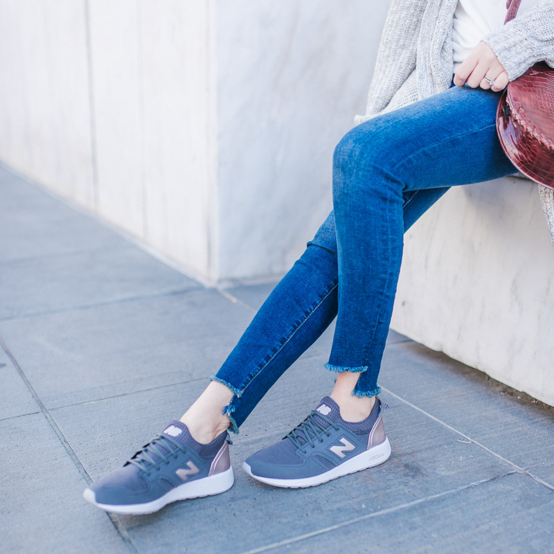 Slip on New Balance Sneakers in Gray and Rose Gold - Best Mom Shoes | Easy Mom Style Outfit Ideas with Evereve featured by top US fashion blog, Lone Star Looking Glass