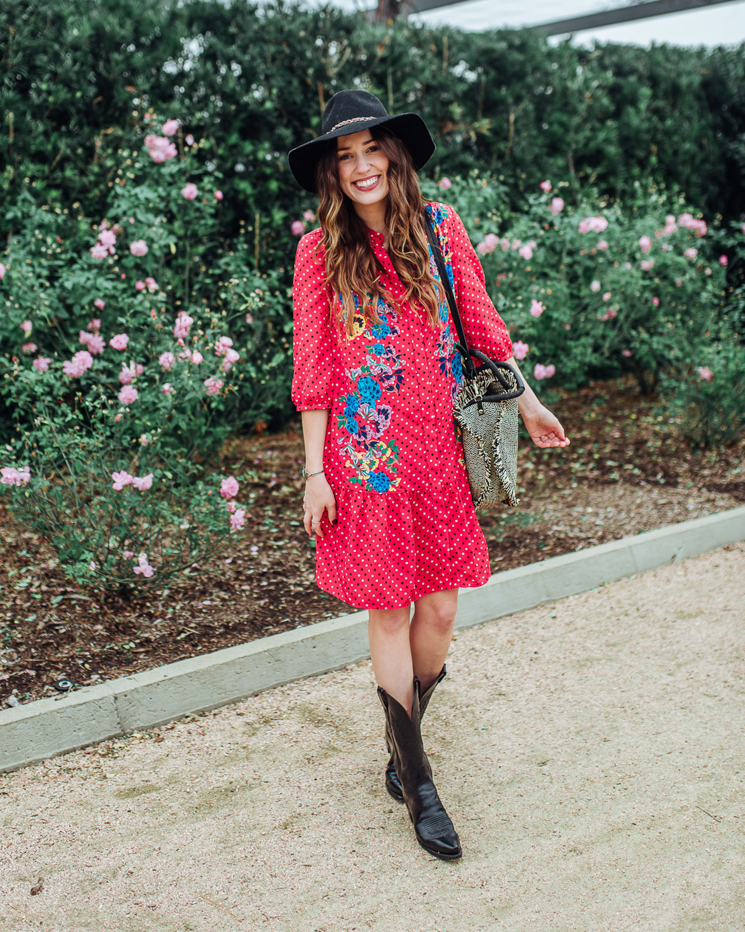 Cute Cowboy Boots roundup featured by top Houston fashion blog, Lone Star Looking Glass: image of a woman wearing Lucchese cowboy boots available at Zappos, a SALONI floral dress, Nordstrom Panama hat