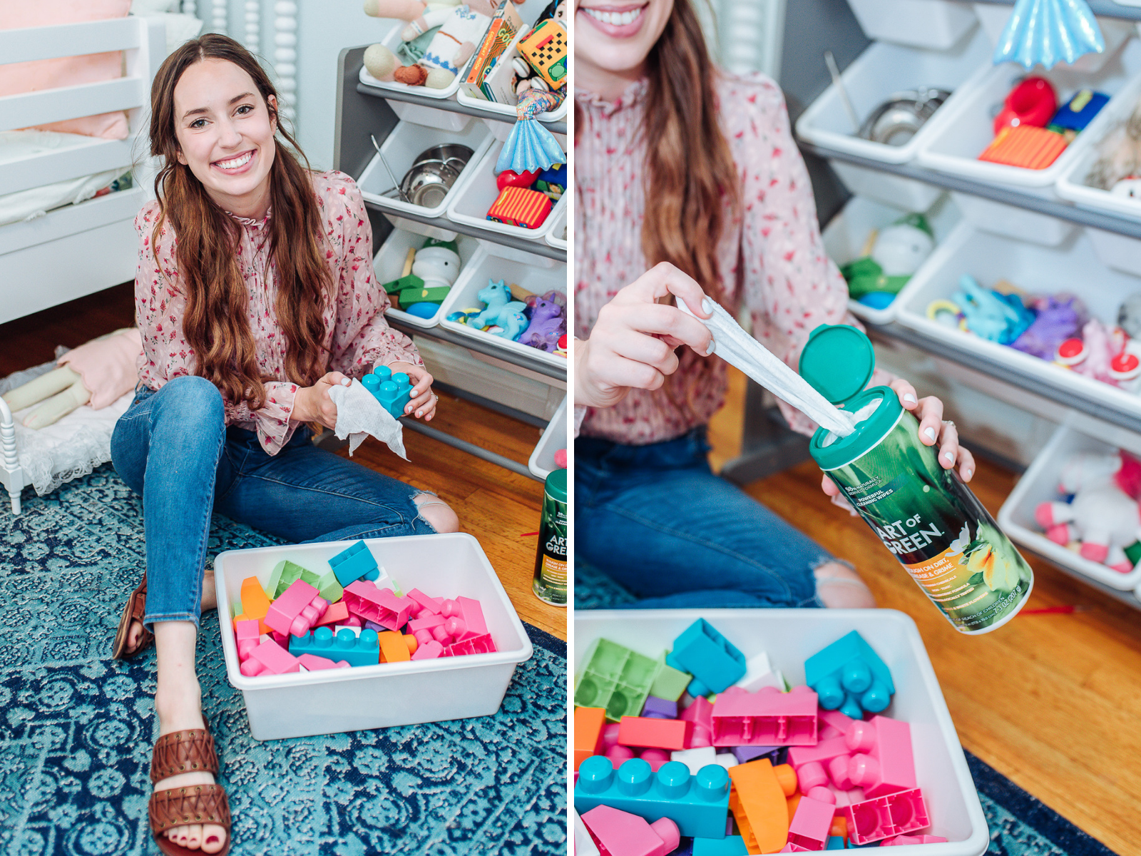 Essential Green Spring Cleaning Tips featured by top US lifestyle blog, Lone Star Looking Glass: image of a woman cleaning toys with Art of Green cleaning products